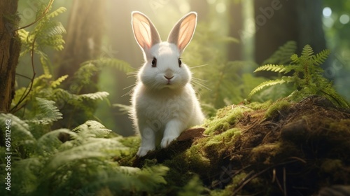 White bunny sits amidst lush greenery, bathed in soft sunlight. Perfect for children's books or educational materials.