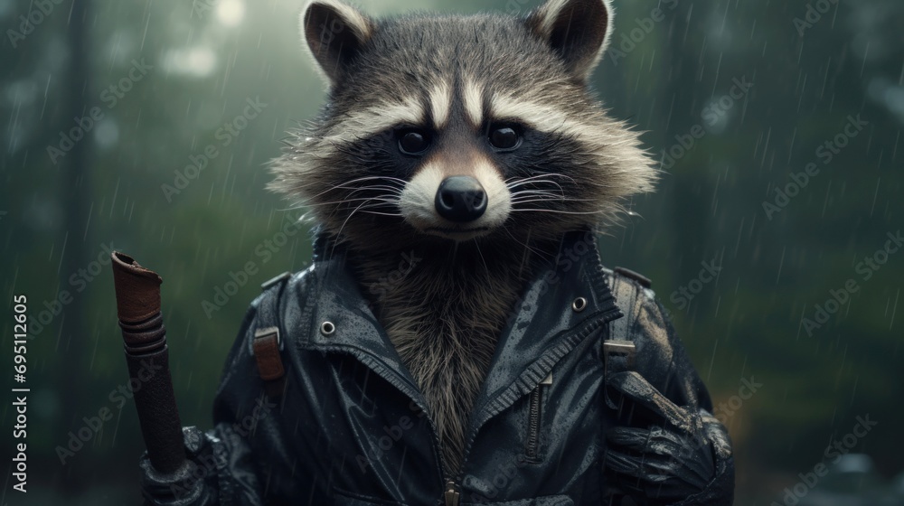 Raccoon in a leather jacket standing in the rain, creating a unique and intense atmosphere. Raccoon detective. Ideal for creative projects, fantasy themes, or digital art inspirations. Raccoon in a leather jacket standing in the rain, creating a unique and intense atmosphere. Raccoon detective. Ideal for creative projects, fantasy themes, or digital art inspirations.