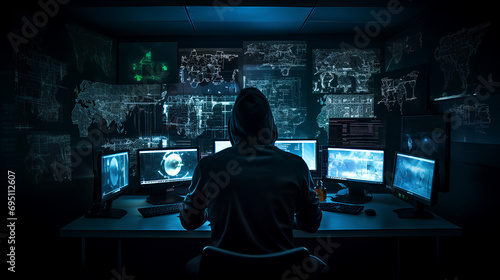 Dangerous hooded hacker breaks into government data servers and infects their system with a virus photo