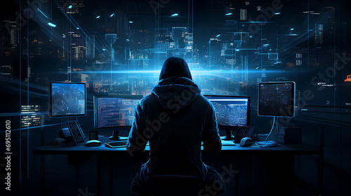 Dangerous hooded hacker breaks into government data servers and infects their system with a virus photo