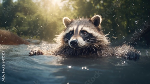 Close up of a raccoon swimming in water, with splashes visible around it, set against natural background. Ideal for wildlife and nature content, educational material, environmental awareness campaign photo