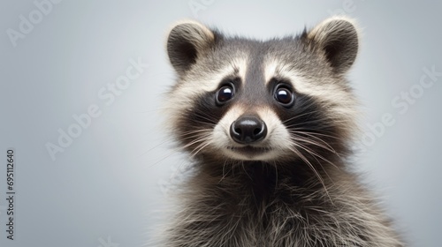 Close-up of a raccoon, showing detailed fur and expressive eyes, set against a light blurred background. With copy space. Perfect for nature publications, wildlife campaigns, or as wall art.