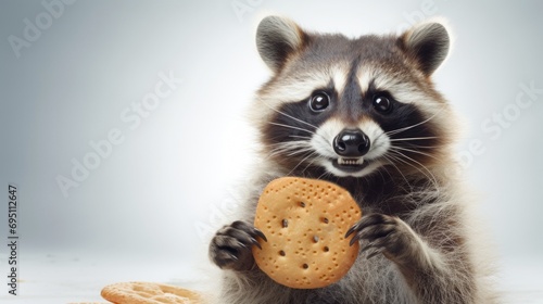 Raccoon caught in the act, holding a cookie with a surprised expression. On light background. With copy space. Cookie Thief. Cute animal. Perfect for snack ads or funny animal images. Banner, greeting