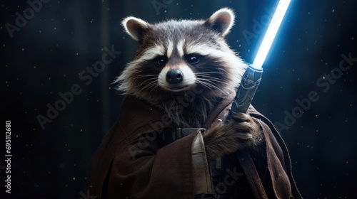 Raccoon hero in leather cloak holding a glowing blue plasma blade in a dynamic pose, against a dark backdrop. Sci-fi themed animal space warrior. Concept of heroism, adventure, fantasy battle scenes photo