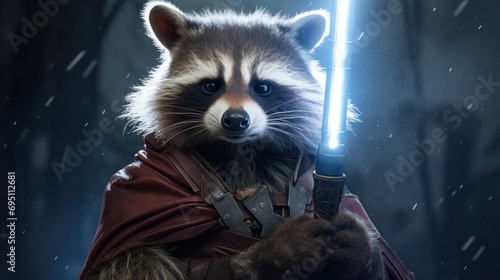 Raccoon Jedi in leather coat, holding a glowing blue lightsaber against a dark background. Ideal for fantasy or sci-fi themes, game or book covers, and digital media applications.