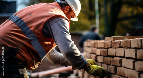 Installing brick wall. Construction worker in uniform and safety equipment have job on building.