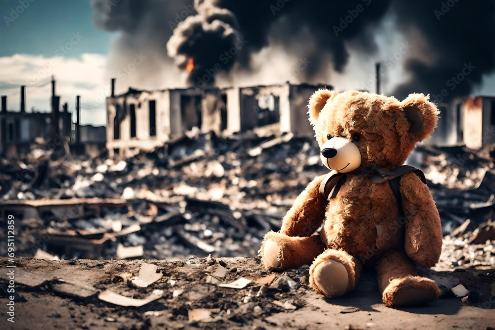 kids teddy bear toy over city burned destruction of an aftermath war conflict, earthquake or fire and smoke of world war against children peace innocence as copyspace banner - obrazy, fototapety, plakaty 