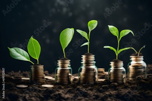 plants growing in bulbs green investment concept Rising money to invest A seedling is growing on a coin lying on the ground. financial growth concept photo