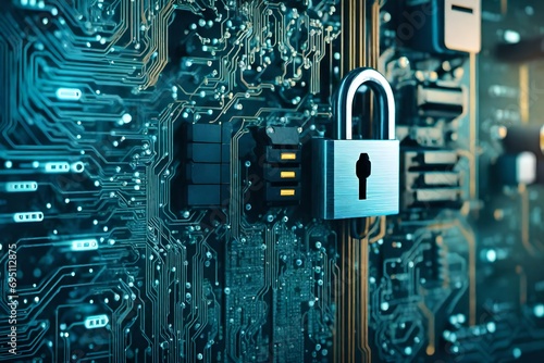 secure connection or cybersecurity service concept of compute motherboard closeup and lock with login and connecting verified credentials as wide banner design with copyspace area - Generative  photo