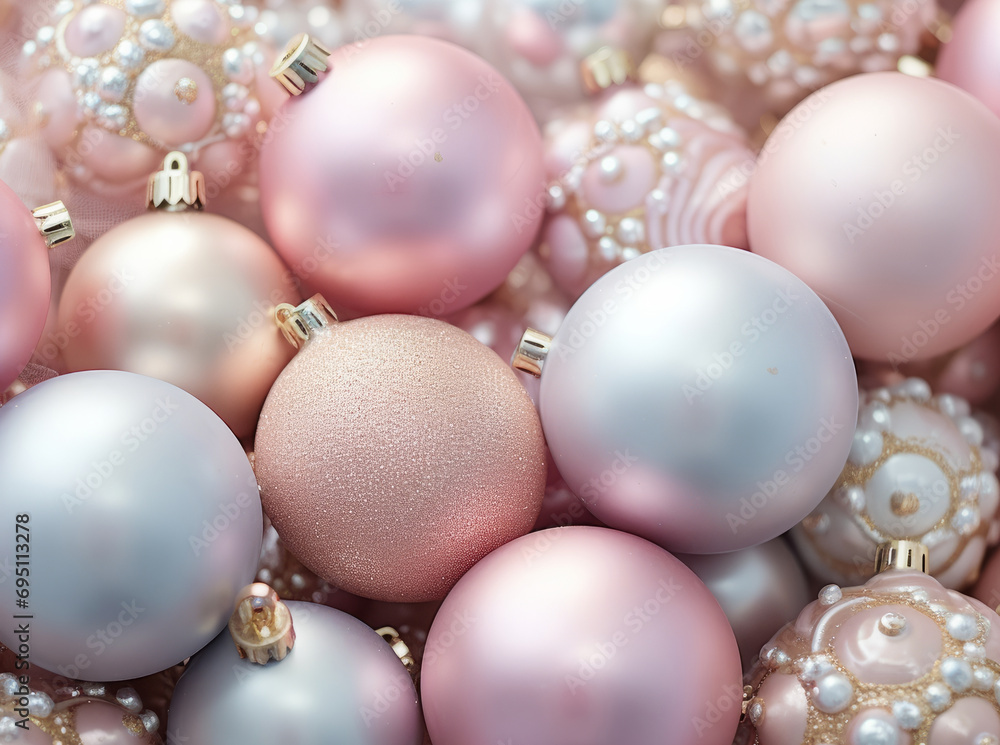 Close up of luxurious Christmas balls in soft pink colors Close up of luxurious Christmas balls in soft pink colors