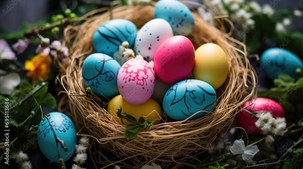 Obraz premium beautiful colorful easter eggs in a basket
