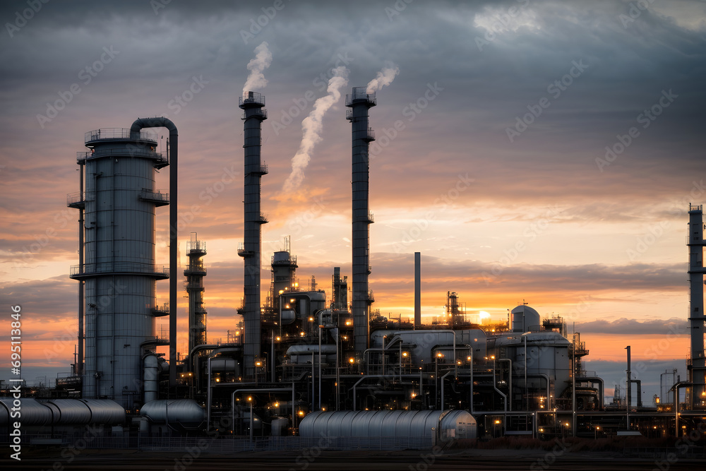 Industrial petrochemical power plant with smoking chimneys at sunset. Industrial background, oil and gas refinery at twilight. Industrial petrochemical power plant with smoking chimneys at sunset. Industrial background, oil and gas refinery at twilight.
