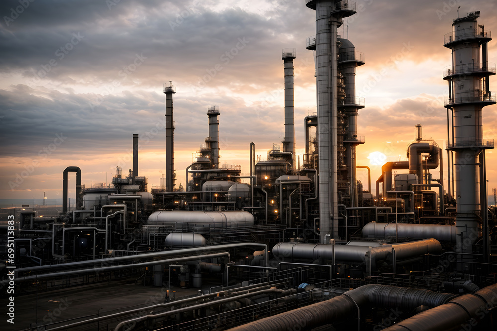 Industrial petrochemical power plant with smoking chimneys at sunset. Industrial background, oil and gas refinery at twilight. Industrial petrochemical power plant with smoking chimneys at sunset. Industrial background, oil and gas refinery at twilight.