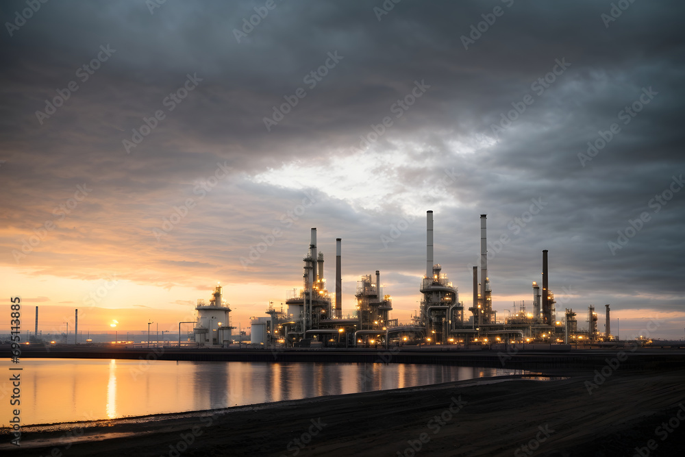 Industrial petrochemical power plant with smoking chimneys at sunset. Industrial background, oil and gas refinery at twilight.