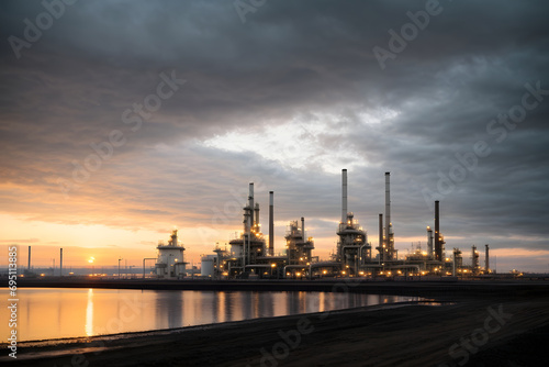 Industrial petrochemical power plant with smoking chimneys at sunset. Industrial background  oil and gas refinery at twilight.