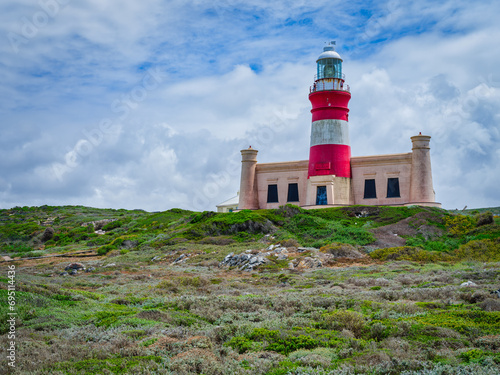 Cape Agulhas Lighthouse, southernmost tip of Africa during a cloudy day, L'Agulhas, South Africa