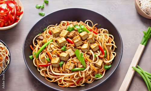 A Delicious Plate of Noodles with Tofu and Fresh Vegetables