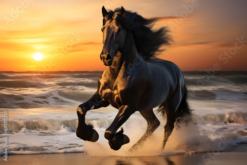 Pferdezauber am Horizont  Galoppierendes Pferd am Strand beim Sonnenaufgang f  r magische K  stenerlebnisse