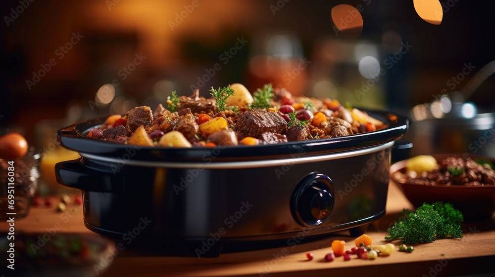 A savory slow-cooked stew filled with meat and vegetables - obrazy, fototapety, plakaty 
