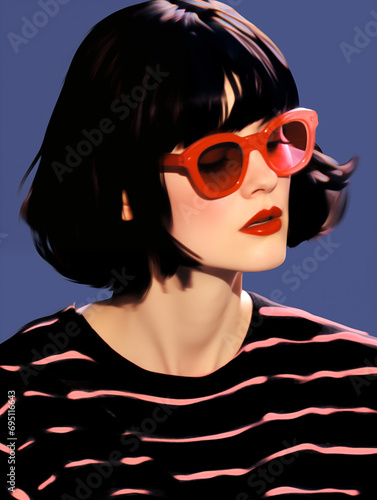 hipster caucasian woman wearing red sunglasses, lipstick and striped shirt