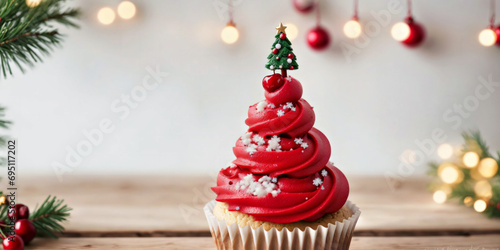 A Festive Cupcake with a Christmas Tree Decoration