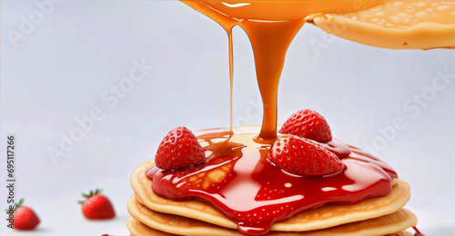 Stack of Fluffy Pancakes Topped with Sweet Syrup and Fresh Strawberries photo