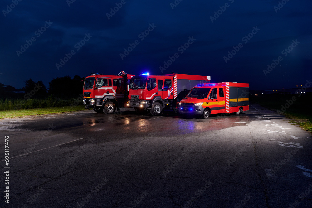 A pair of highly modern and quality fire trucks illuminate the night with their rotating lights, symbolizing the cutting-edge technology and preparedness of the firefighting fleet, ready to respond to