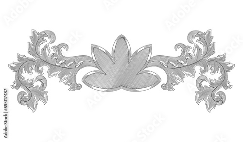 vintage baroque ornament floral frame with star, antique engraving drawing illustration