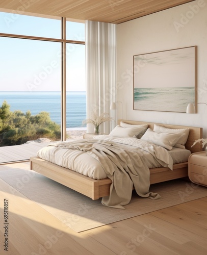 Modern interior design decoration of a bedroom with a beach view queen-sized bed neutral colored sheets and nightstand with rustic and cozy vibes, and painting on the wall.