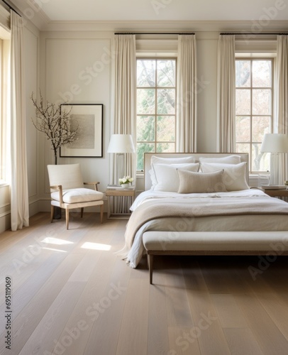 Modern Interior design decoration of a bedroom with a wooden queen-sized bed with cotton neutral colored sheets and nightstand with rustic and cozy vibes, with glass vase and industrial lamp photo