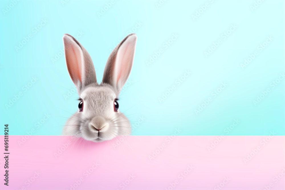 A funny hare or rabbit on a pastel pink and blue background. Copy space for text.