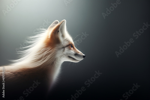 Сreative studio portrait of a funny little fox on a gray background. Copy space for text.