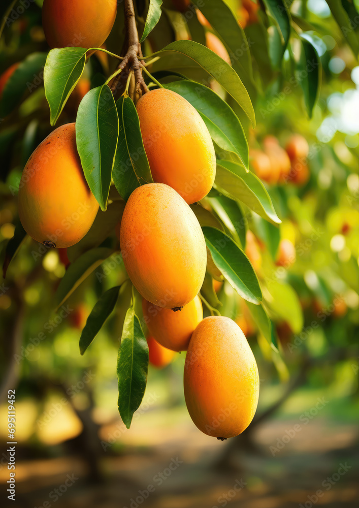juicy ripe yellow mango fruits hanging on tree branches, garden, delicious tropical fruit, exotic, harvest, Thailand, plants, sun, healthy eating, green foliage, leaves, nature