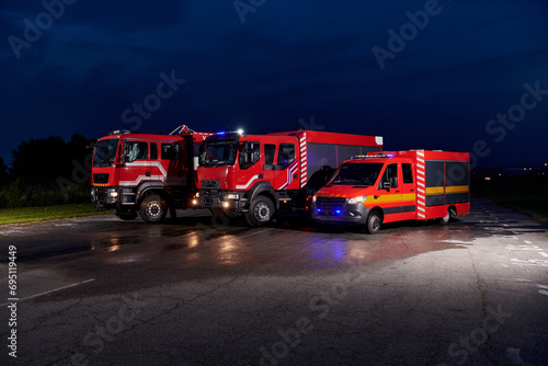 A pair of highly modern and quality fire trucks illuminate the night with their rotating lights, symbolizing the cutting-edge technology and preparedness of the firefighting fleet, ready to respond to
