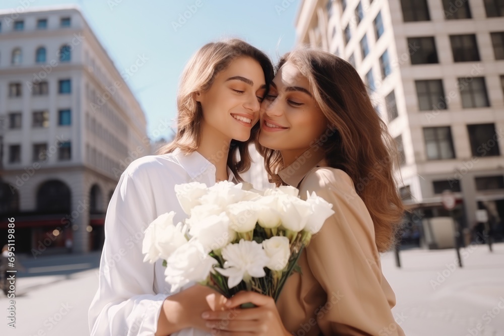 Two lovely woman lesbian couple have date on valentines day