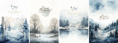 Winter background. Vector watercolor illustration of a snowy winter landscape, trees, forest, ,mountain, lake, fir tree in muted colors for a poster, greeting card or painting