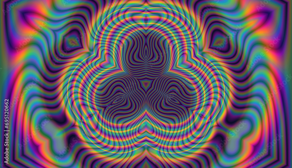 Holographic kaleidoscopic geometric hypnotic background in bright neon psychedelic acidic hues. Holographic kaleidoscopic geometric hypnotic background in bright neon psychedelic acidic hues.