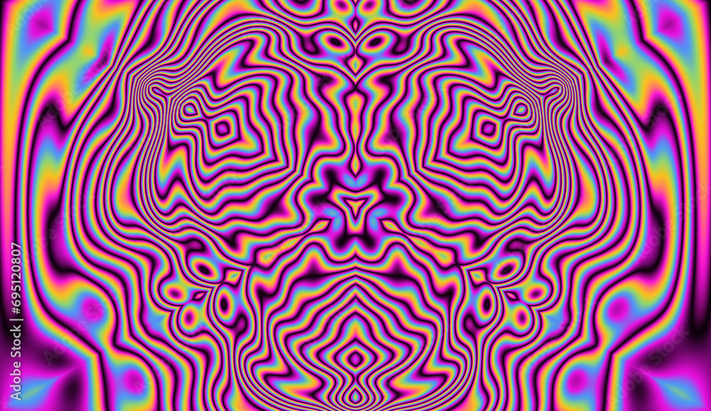 Vibrant kaleidoscopic geometric hypnotic background in neon psychedelic acidic hues. - obrazy, fototapety, plakaty 