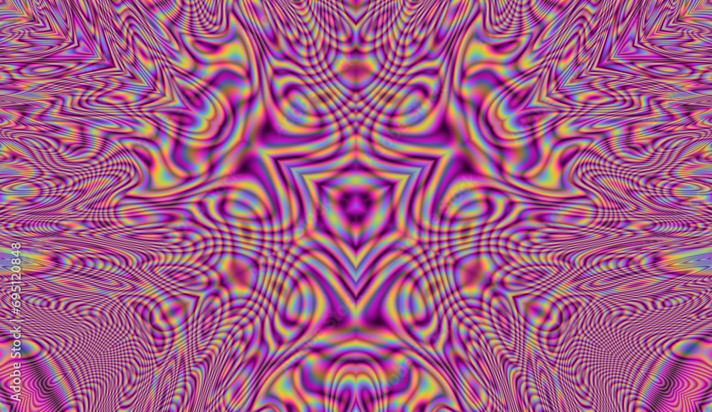 Vibrant kaleidoscopic geometric hypnotic background in neon psychedelic acidic hues. Vibrant kaleidoscopic geometric hypnotic background in neon psychedelic acidic hues.