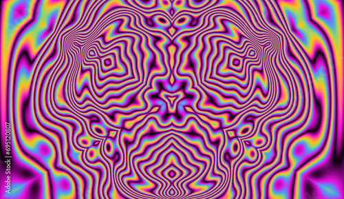 Vibrant kaleidoscopic geometric hypnotic background in neon psychedelic acidic hues.