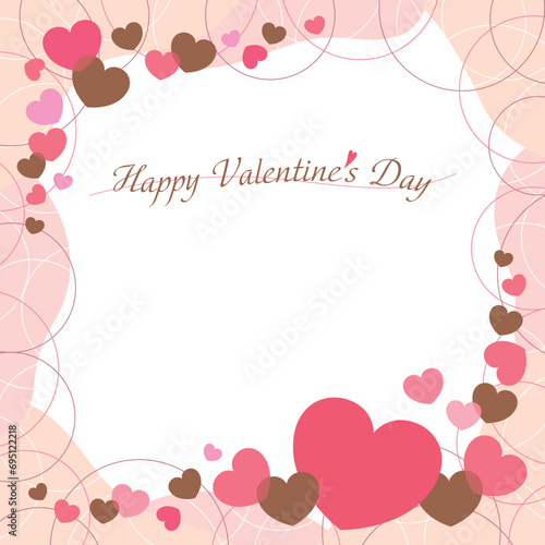 かわいいハートとラインサークルのバレンタインフレームバナー/正方形・ピンク・ブラウン © 中居さちこ