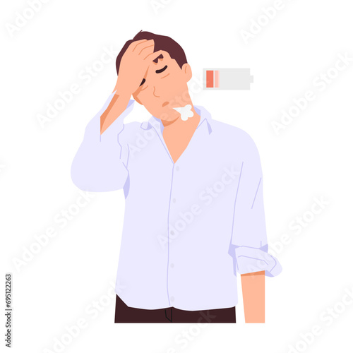 Fatigue from working hard and energy running out. Overworking causes accumulated fatigue. Tired man icon lacking battery power