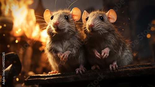 two city rats against the backdrop of a burning fire. fictional plot.  photo