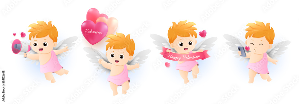 Cute cupid collection. Valentines day adorable cartoon character vector set isolated in white background.