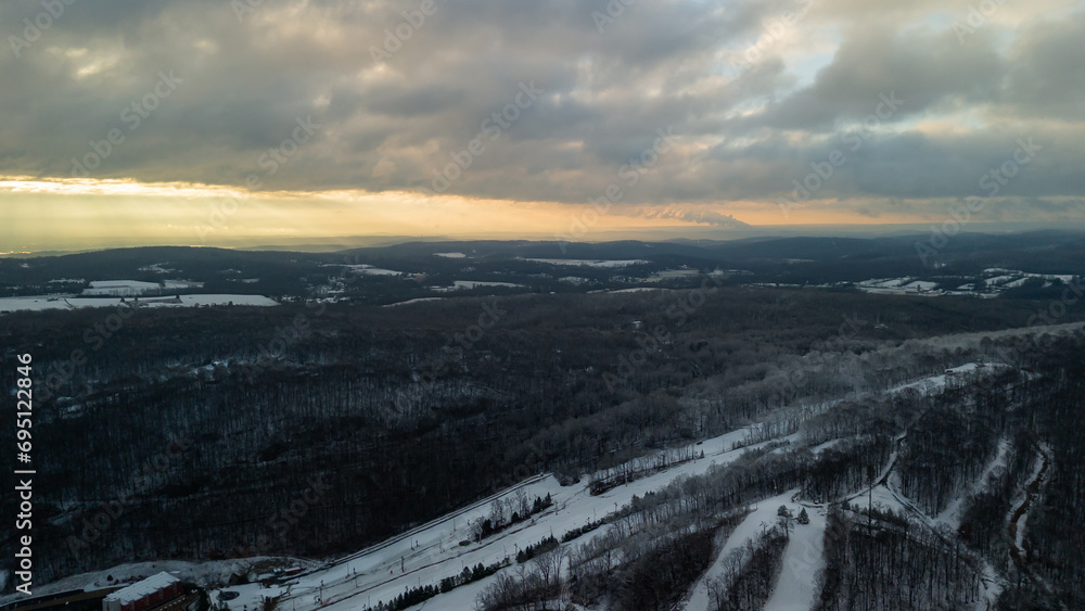 Aerial of Poconos mountain with snow 