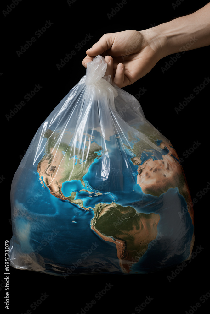 a person holding an earth in a bag, in the style of plastic, cultural mash-up, large-scale photography, science academia, orientalist influences, clean lines, american regionalism - obrazy, fototapety, plakaty 