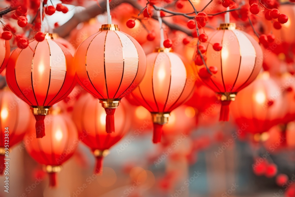 Red hanging lantern and with sakura in traditional Asian style on a blurred night street. Chinese Lantern Festival. New Year abstract greeting background with copy space. Poster, card, banner design Red hanging lantern and with sakura in traditional Asian style on a blurred night street. Chinese Lantern Festival. New Year abstract greeting background with copy space. Poster, card, banner design
