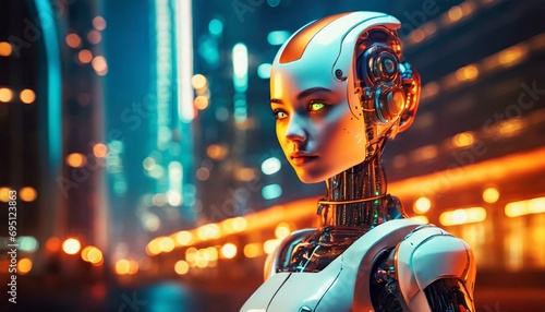 Highly detailed Portrait beautiful robot with artificial intelligence. Text space. Orange background