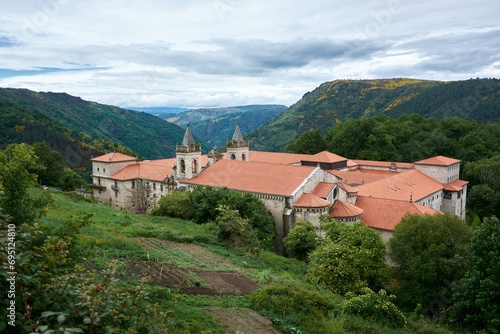 View of the Monastery of Santo Estevo de Ribas del Sil at Nogueira de Ramuin. Ourense, province of Galicia, Spain
