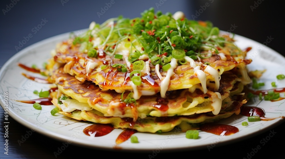 Okonomiyaki Delight: Savory Pancake with a Burst of Flavor in Minimalist Style Okonomiyaki Delight: Savory Pancake with a Burst of Flavor in Minimalist Style